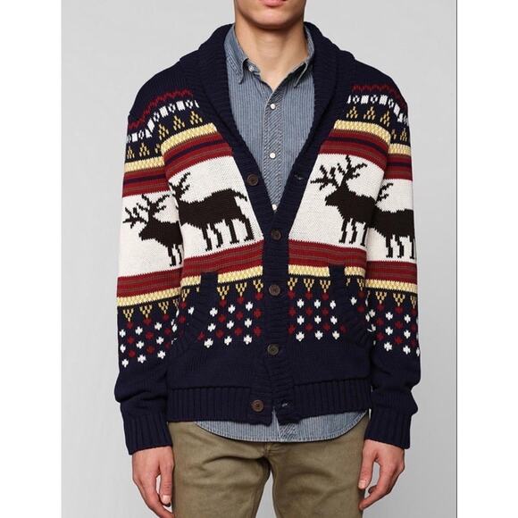 O’Hanlon Mills Chunky Knit Moose Holiday Grandpa Cardigan Sweater Size Medium - Picture 1 of 8